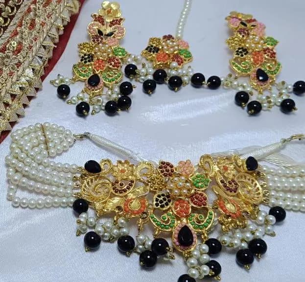 Navratan Choker Set, Rajwadi Style Indian Jewelry - image 3