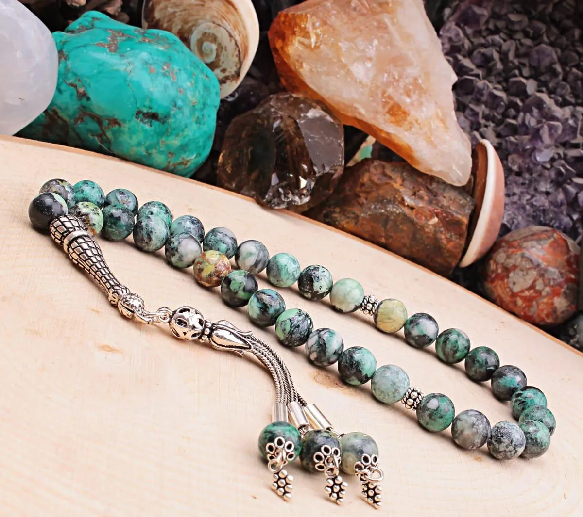 Real Variscite Islamic Prayer Beads, Personalized 33 Beads Tasbih For Men Women, 925 Sterling Silver, 8mm Gemstone Misbaha,Muslim Eid Gift