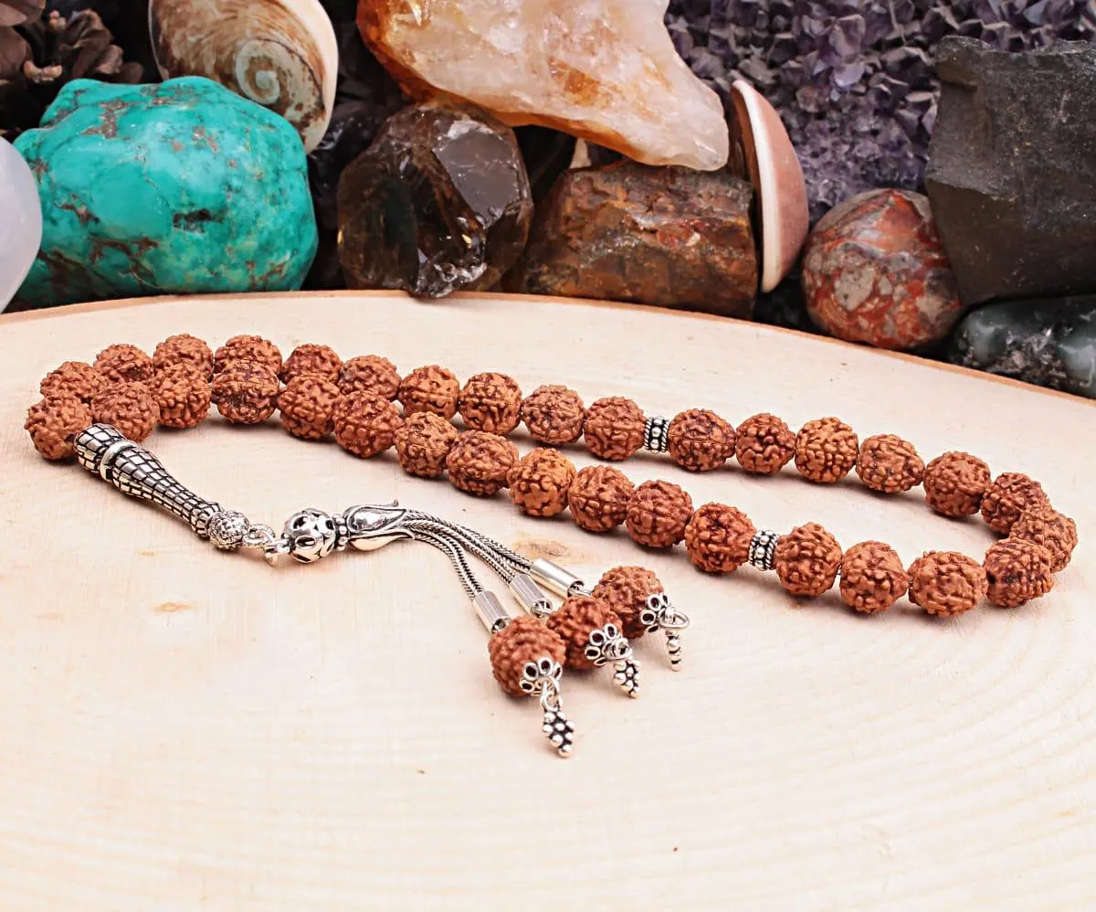 Real Rudraksha Seed Islamic Prayer Beads, Personalized 33 Beads Tasbih For Men Women, Sterling Silver, 8mm Gemstone Misbaha, Muslim Eid Gift - image 3