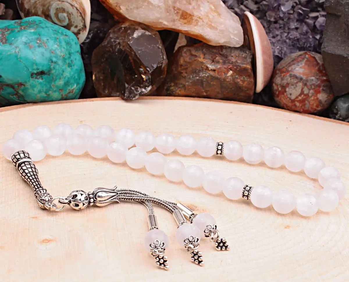 Real Selenite Islamic Prayer Beads, Personalized 33 Beads Tasbih For Men Women, 925 Sterling Silver, 8mm Gemstone Misbaha, Muslim Eid Gift - image 5