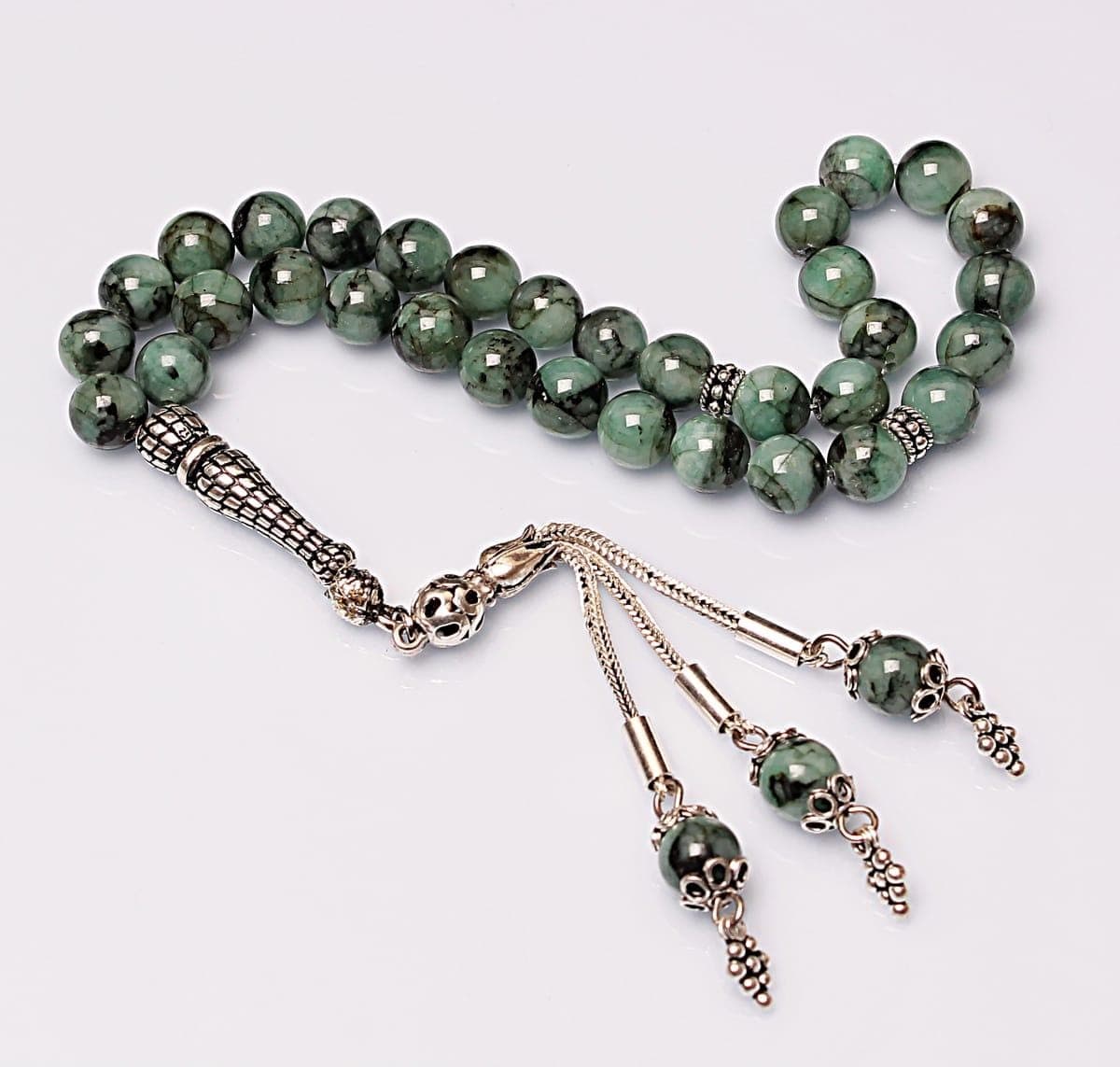 Real Emerald Tasbih 33 Beads, Islamic Prayer Beads, Misbaha, 925 Silver Tassel, Tasbeeh, Sibha, 8mm Gemstone Rosary, Personalized Gift - image 4