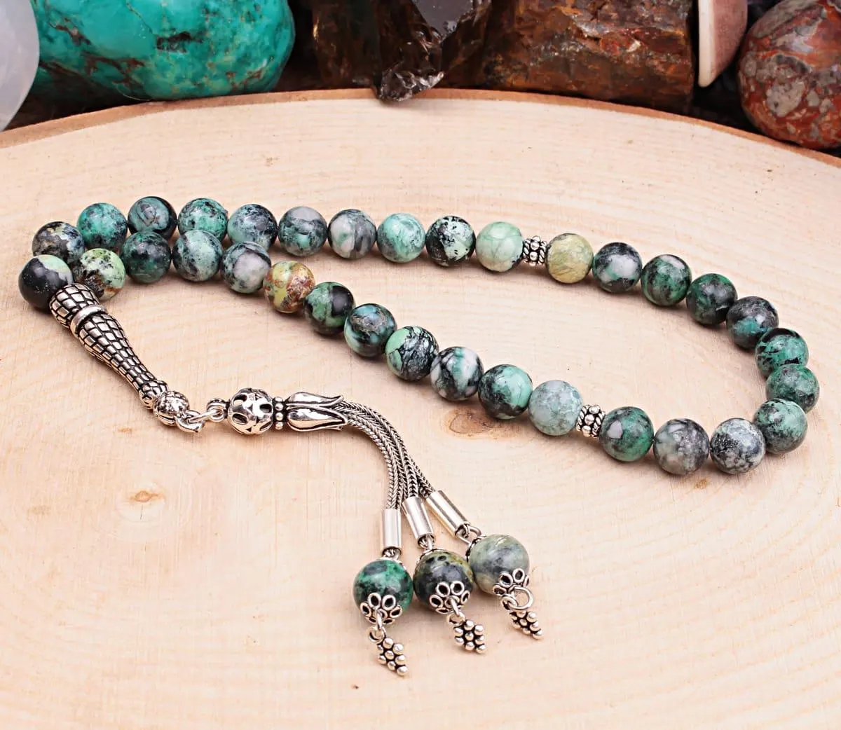 Real Variscite Islamic Prayer Beads, Personalized 33 Beads Tasbih For Men Women, 925 Sterling Silver, 8mm Gemstone Misbaha,Muslim Eid Gift - image 4
