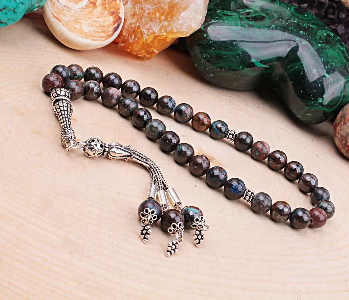 Real Azurite Islamic Prayer Beads, Personalized 33 Beads Tasbih For Men Women, 925 Sterling Silver, 8mm Gemstone Misbaha,Muslim Eid Gift