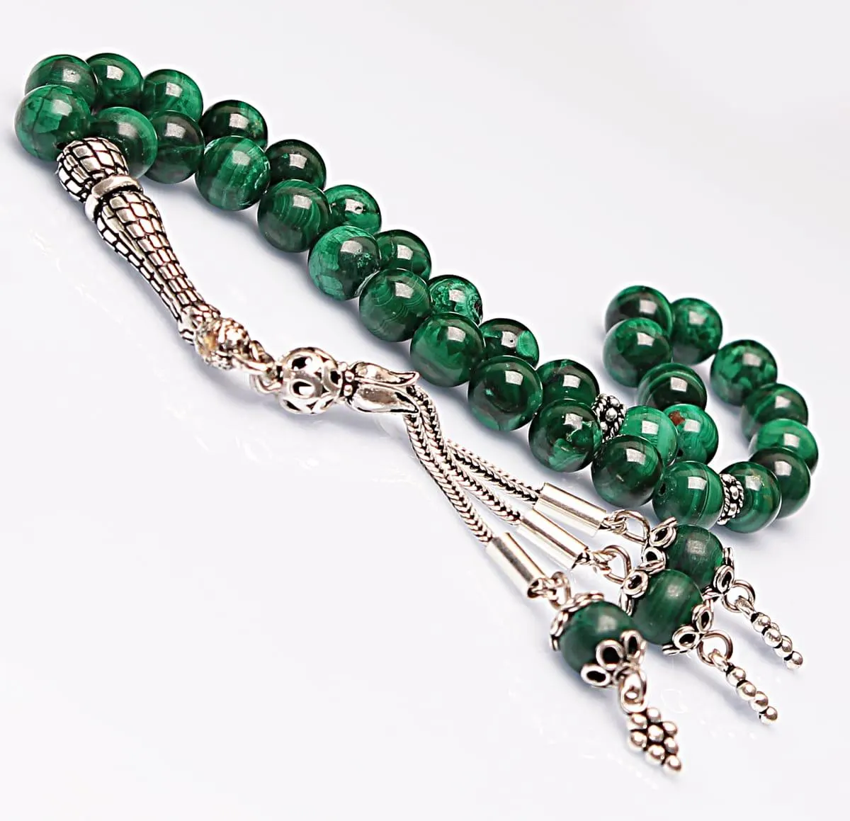 Real Malachite Islamic Prayer Beads, Personalized 33 Beads Tasbih For Men Women, 925 Sterling Silver, 8mm Gemstone Misbaha, Muslim Eid Gift