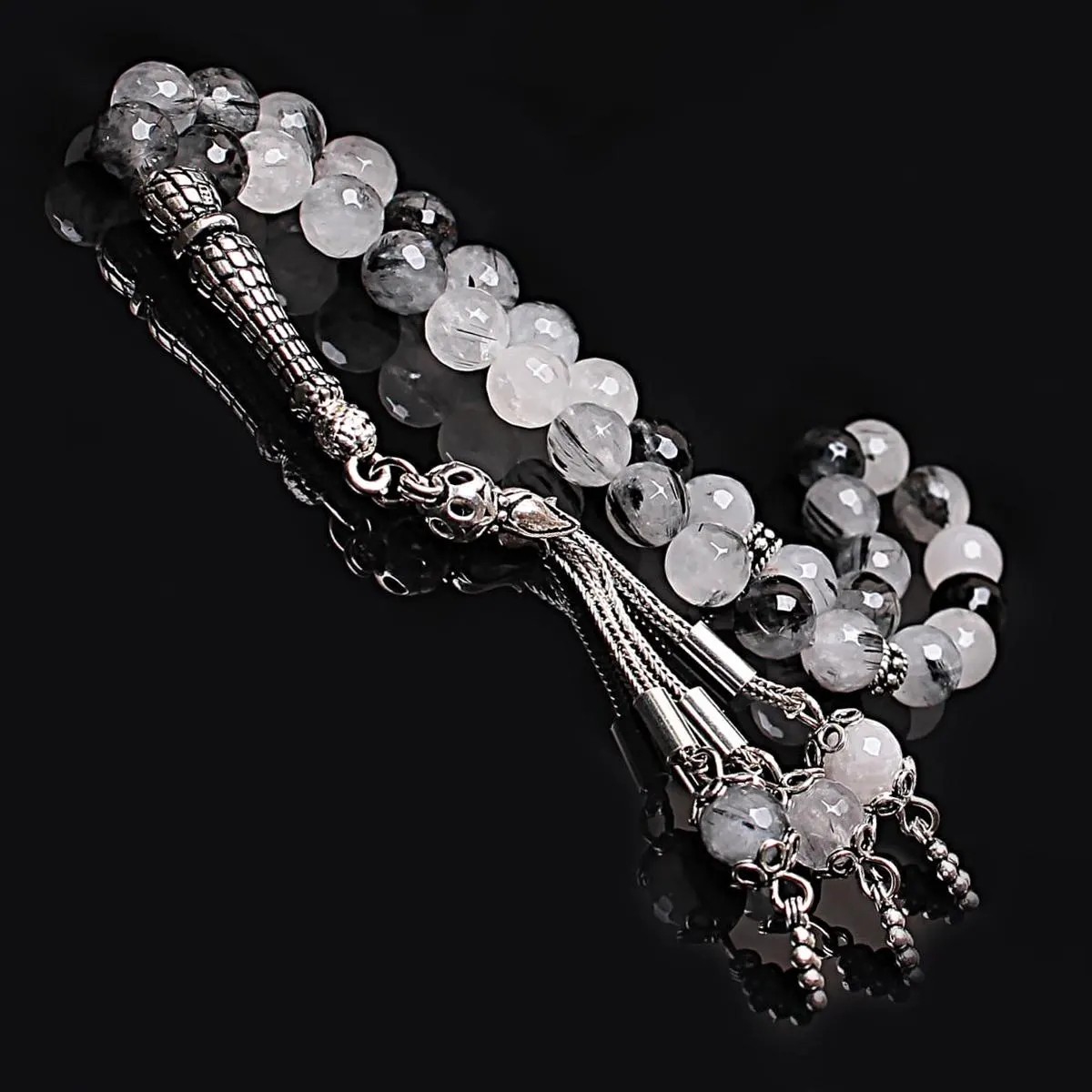 Real Rutile Quartz Islamic Prayer Beads, Personalized 33 Beads Tasbih For Men Women, Sterling Silver, 8mm Gemstone Misbaha, Muslim Eid Gift