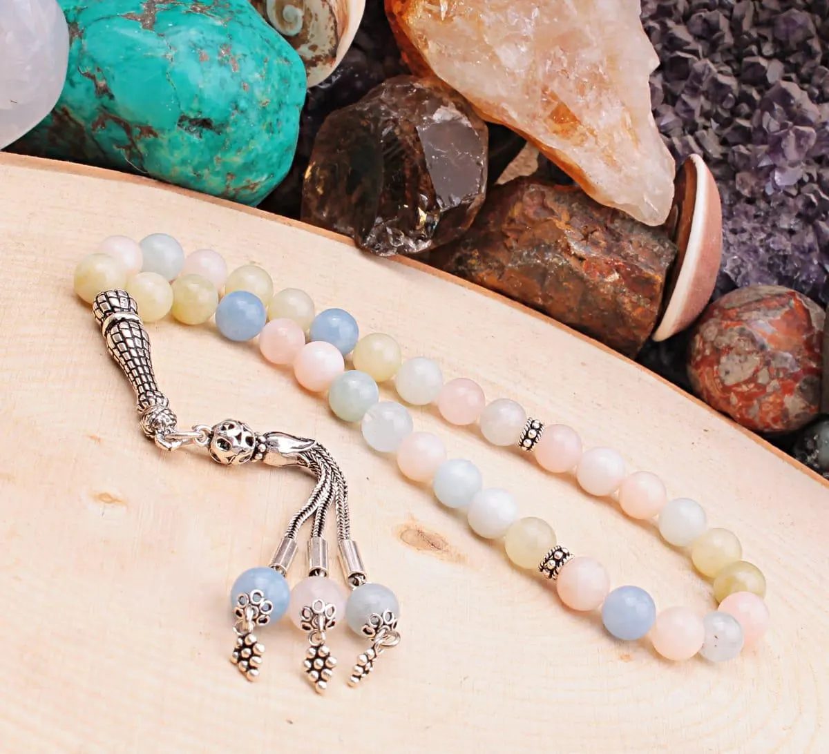 Real Morganite Islamic Prayer Beads, Personalized 33 Beads Tasbih For Men Women, 925 Sterling Silver, 8mm Gemstone Misbaha, Muslim Eid Gift