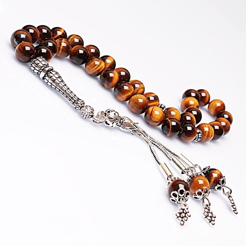 Real Tiger's Eye Tasbih 33 Beads, Islamic Prayer Beads, Misbaha, 925 Silver Tassel, Tasbeeh, Sibha, 8mm Gemstone Rosary, Personalized Gift