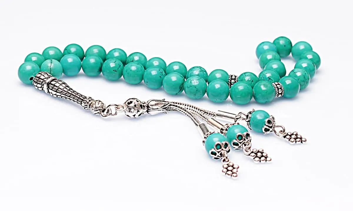 Real Turquoise Islamic Prayer Beads, Personalized 33 Beads Tasbih For Men Women, 925 Sterling Silver, 8mm Gemstone Misbaha, Muslim Eid Gift - image 3