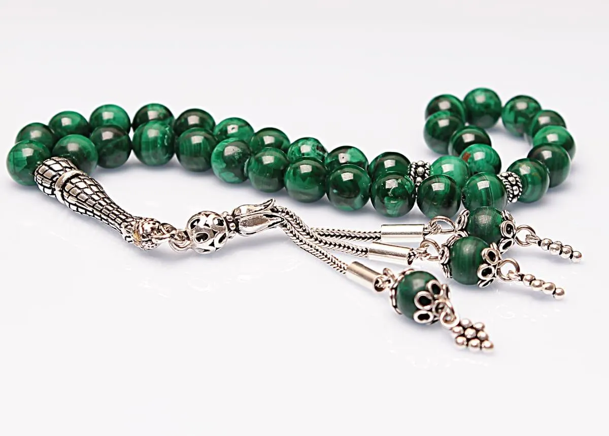 Real Malachite Islamic Prayer Beads, Personalized 33 Beads Tasbih For Men Women, 925 Sterling Silver, 8mm Gemstone Misbaha, Muslim Eid Gift - image 3