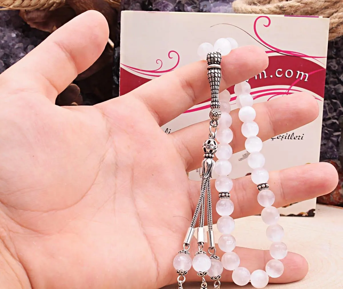 Real Selenite Islamic Prayer Beads, Personalized 33 Beads Tasbih For Men Women, 925 Sterling Silver, 8mm Gemstone Misbaha, Muslim Eid Gift - image 2