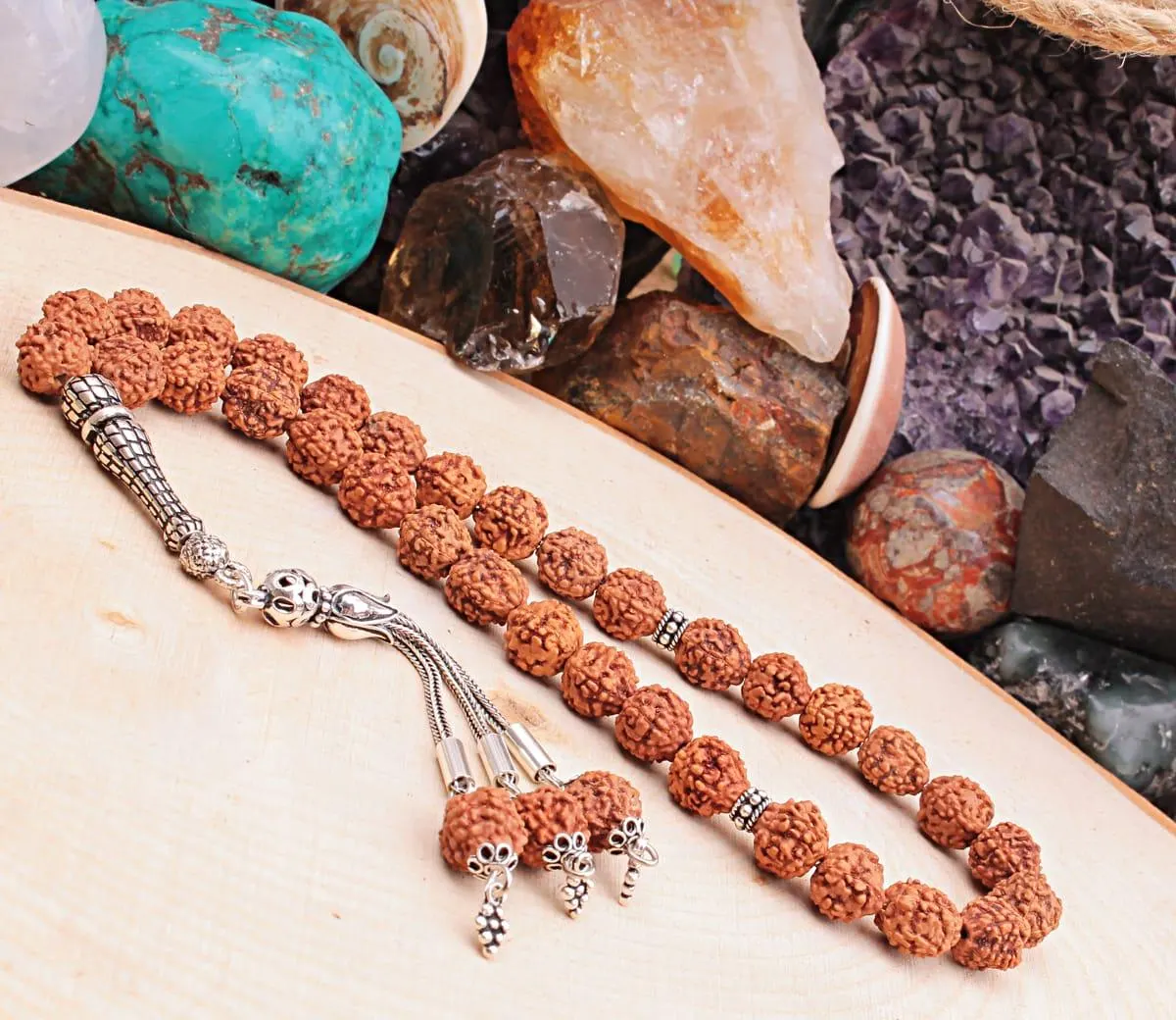 Real Rudraksha Seed Islamic Prayer Beads, Personalized 33 Beads Tasbih For Men Women, Sterling Silver, 8mm Gemstone Misbaha, Muslim Eid Gift