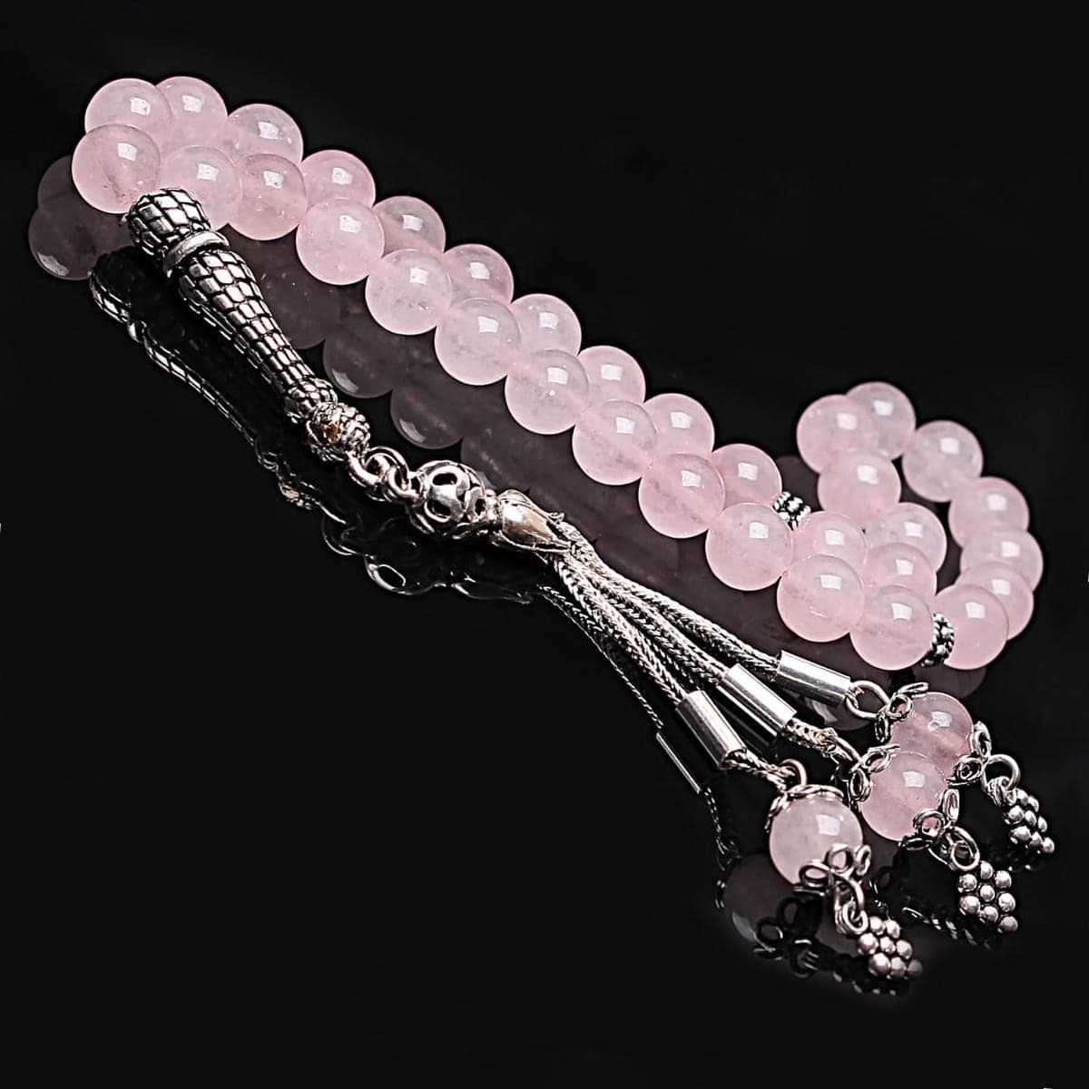Real Rose Quartz Islamic Prayer Beads, Personalized 33 Beads Tasbih For Men Women, Sterling Silver, 8mm Gemstone Misbaha, Muslim Eid Gift