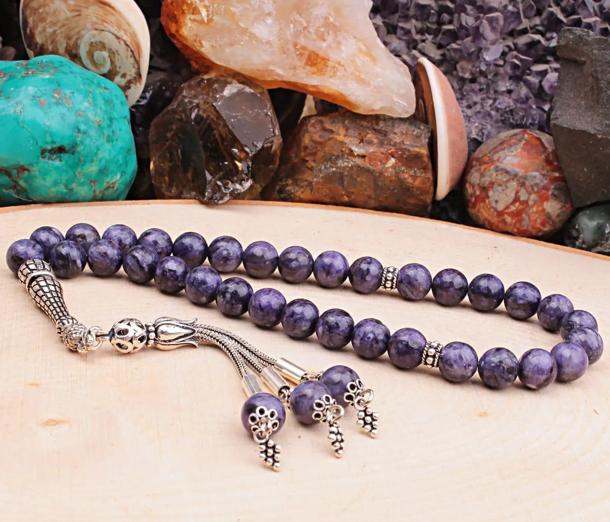 Real Charoite Islamic Prayer Beads, Personalized 33 Beads Tasbih For Men Women, 925 Sterling Silver, 8mm Gemstone Misbaha, Muslim Eid Gift - image 3