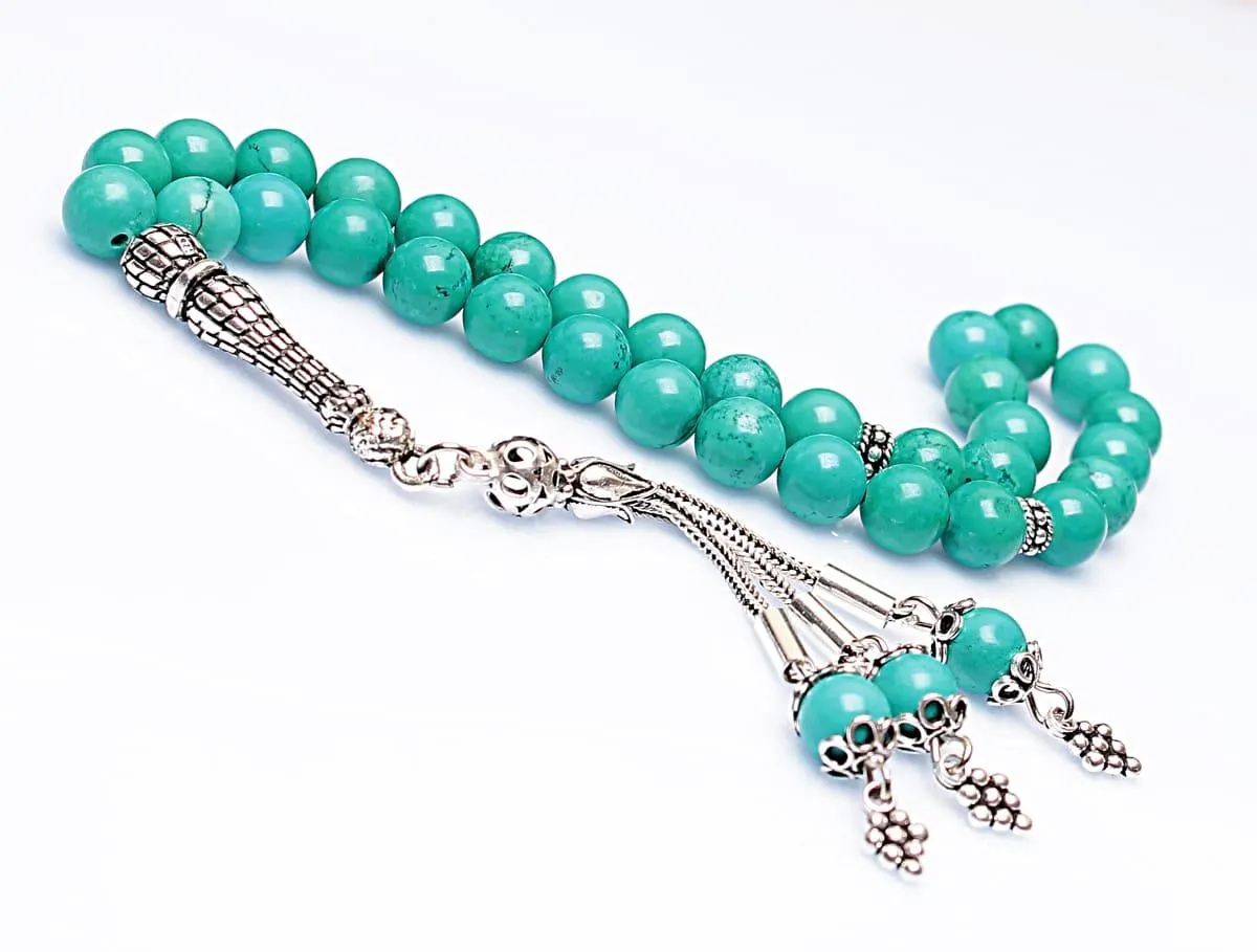 Real Turquoise Islamic Prayer Beads, Personalized 33 Beads Tasbih For Men Women, 925 Sterling Silver, 8mm Gemstone Misbaha, Muslim Eid Gift - image 2