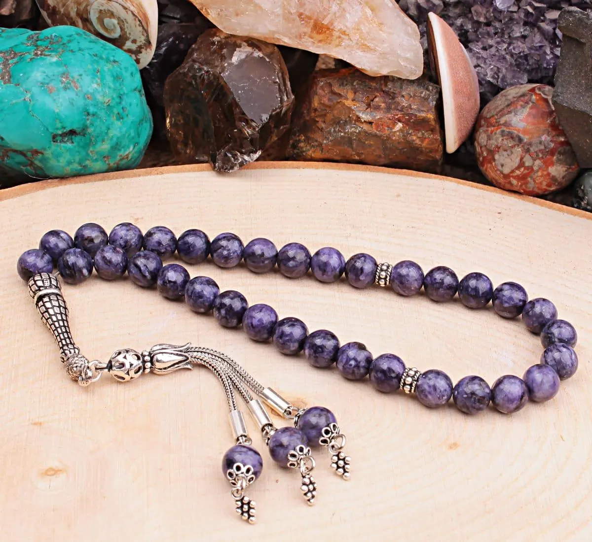 Real Charoite Islamic Prayer Beads, Personalized 33 Beads Tasbih For Men Women, 925 Sterling Silver, 8mm Gemstone Misbaha, Muslim Eid Gift - image 4