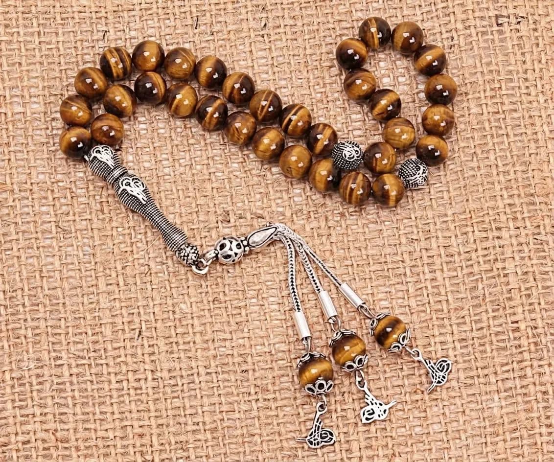 Real Tiger's Eye Islamic Prayer Beads, Personalized 33 Beads Tasbih For Men Women, Sterling Silver, 8mm Gemstone Misbaha, Muslim Eid Gift - image 2