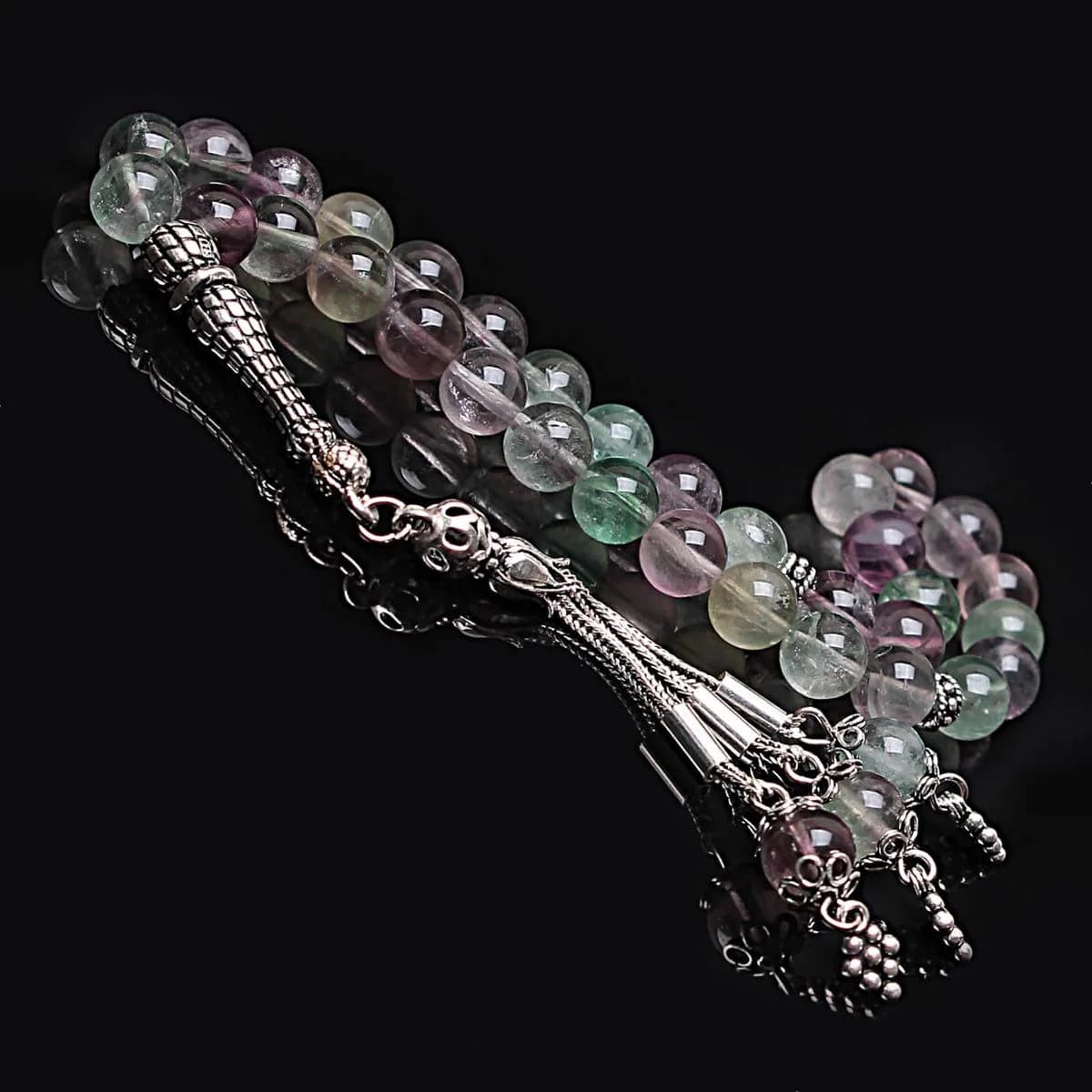 Real Fluorite Islamic Prayer Beads, Personalized 33 Beads Tasbih For Men Women, 925 Sterling Silver, 8mm Gemstone Misbaha, Muslim Eid Gift