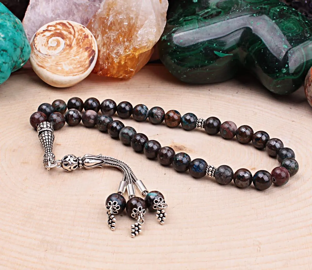 Real Azurite Islamic Prayer Beads, Personalized 33 Beads Tasbih For Men Women, 925 Sterling Silver, 8mm Gemstone Misbaha,Muslim Eid Gift - image 3