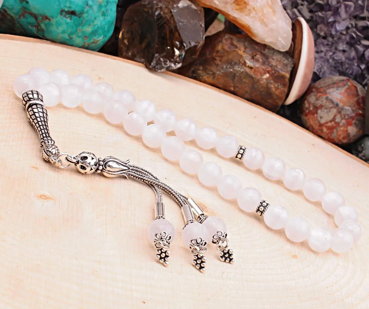Real Selenite Islamic Prayer Beads, Personalized 33 Beads Tasbih For Men Women, 925 Sterling Silver, 8mm Gemstone Misbaha, Muslim Eid Gift