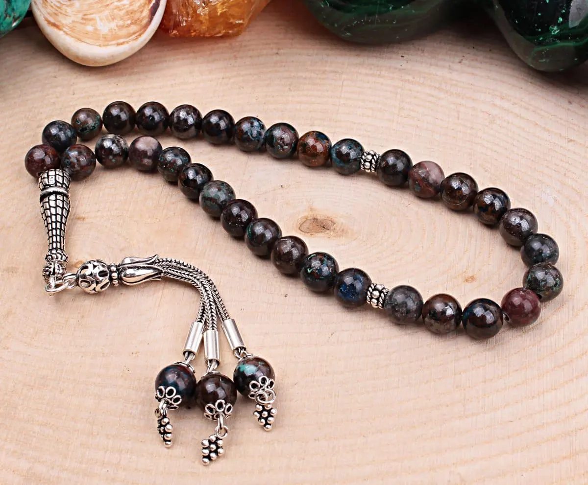 Real Azurite Islamic Prayer Beads, Personalized 33 Beads Tasbih For Men Women, 925 Sterling Silver, 8mm Gemstone Misbaha,Muslim Eid Gift - image 4