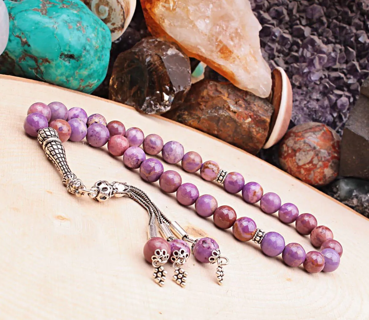 Real Lepidolite Islamic Prayer Beads, Personalized 33 Beads Tasbih For Men Women, 925 Sterling Silver, 8mm Gemstone Misbaha, Muslim Eid Gift