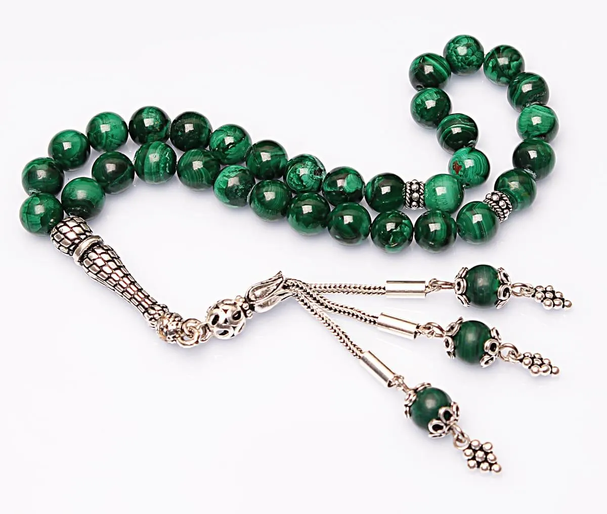 Real Malachite Islamic Prayer Beads, Personalized 33 Beads Tasbih For Men Women, 925 Sterling Silver, 8mm Gemstone Misbaha, Muslim Eid Gift - image 4