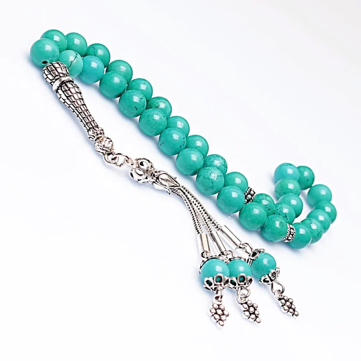 Real Turquoise Islamic Prayer Beads, Personalized 33 Beads Tasbih For Men Women, 925 Sterling Silver, 8mm Gemstone Misbaha, Muslim Eid Gift