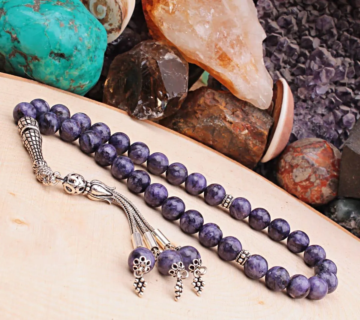 Real Charoite Islamic Prayer Beads, Personalized 33 Beads Tasbih For Men Women, 925 Sterling Silver, 8mm Gemstone Misbaha, Muslim Eid Gift