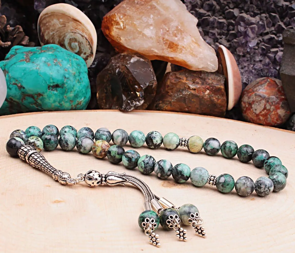 Real Variscite Islamic Prayer Beads, Personalized 33 Beads Tasbih For Men Women, 925 Sterling Silver, 8mm Gemstone Misbaha,Muslim Eid Gift - image 3