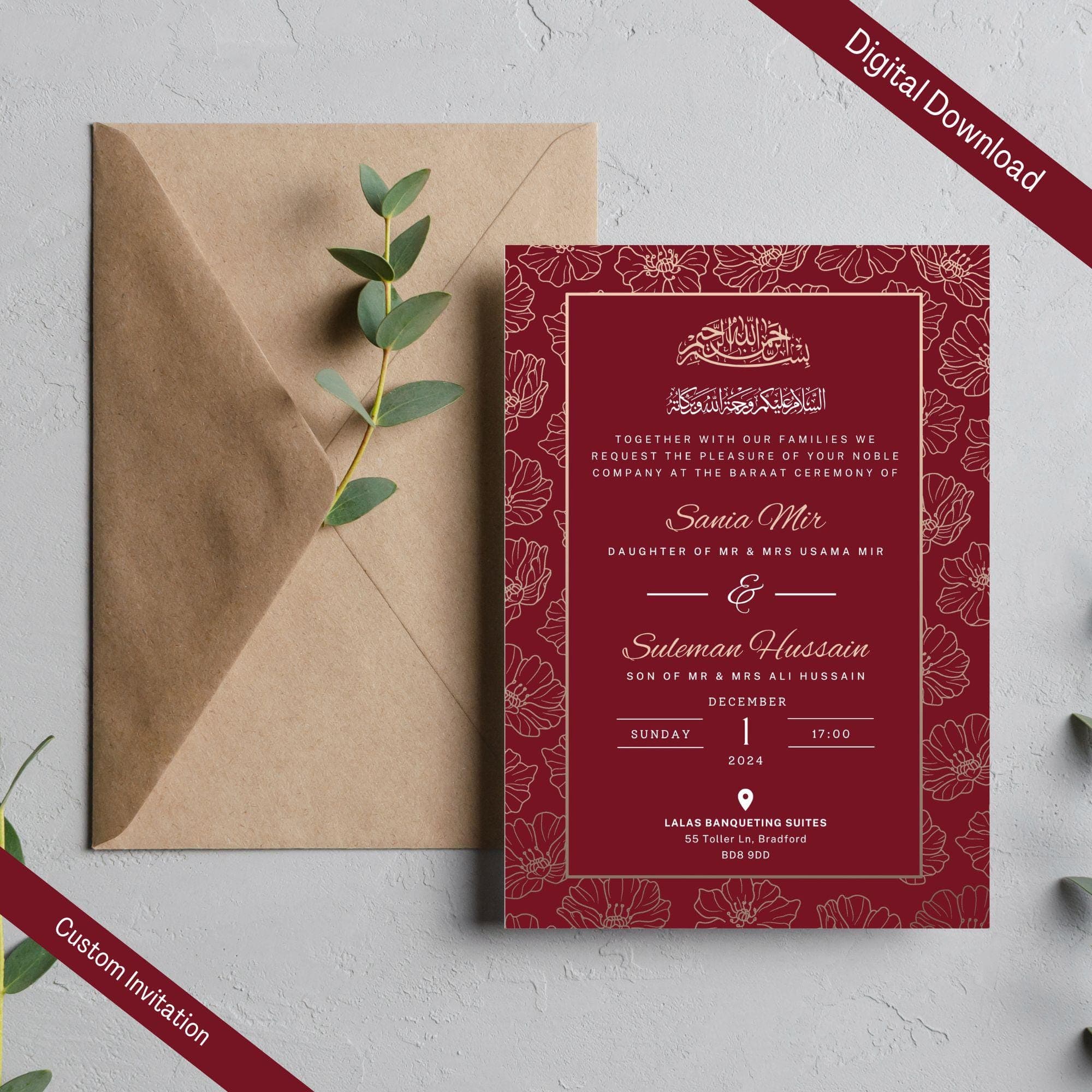 Editable Digital Muslim Wedding Invitation Template Nikkah Shaadi Baraat, Animated Wedding Invitation, islamic Wedding Invite, Red invite - image 5