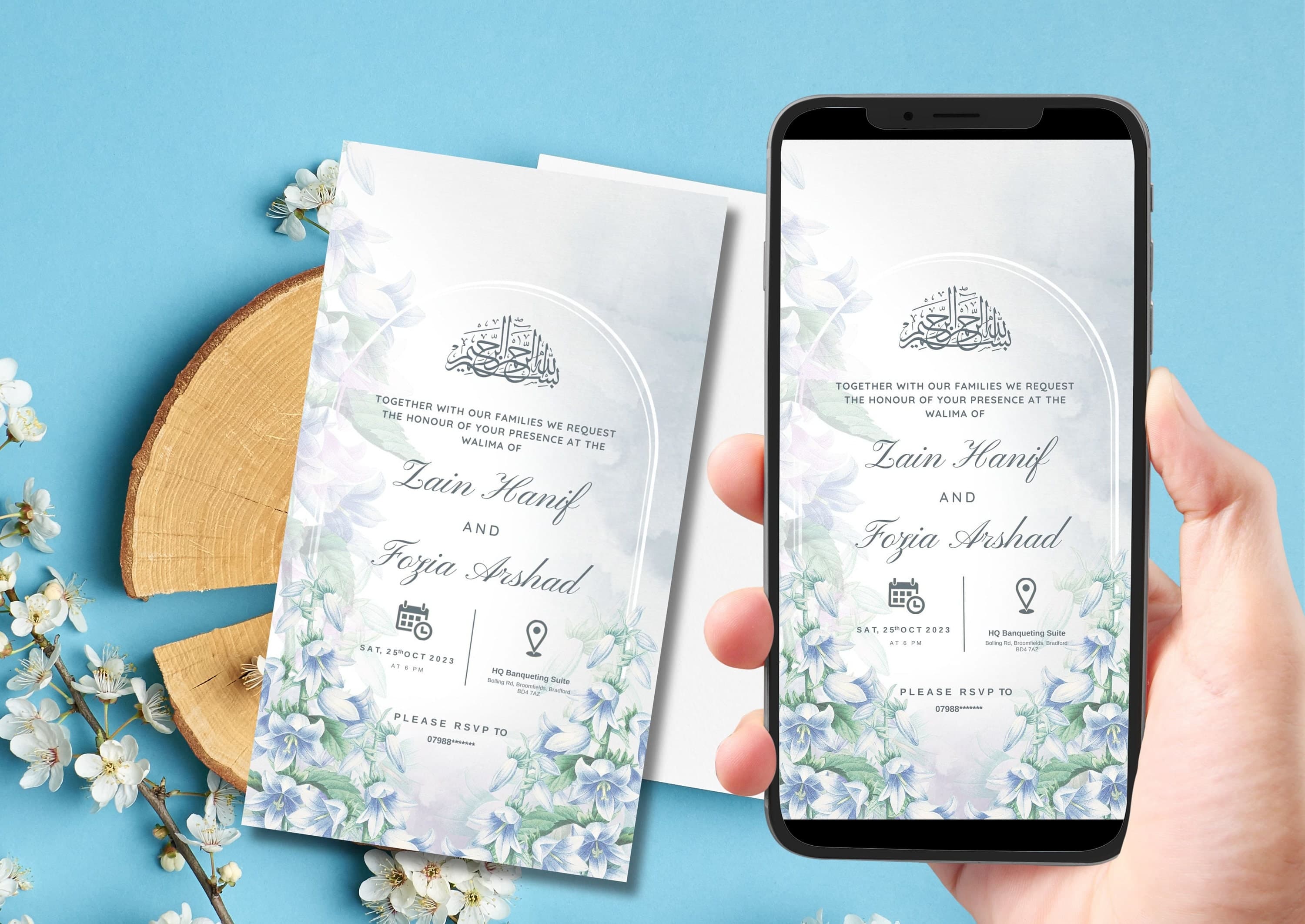 Editable Digital Muslim Wedding Invitation, Nikkah Walima Shaadi Baraat, Animated Wedding Invitation, Light blue Green Wedding Invite, evite