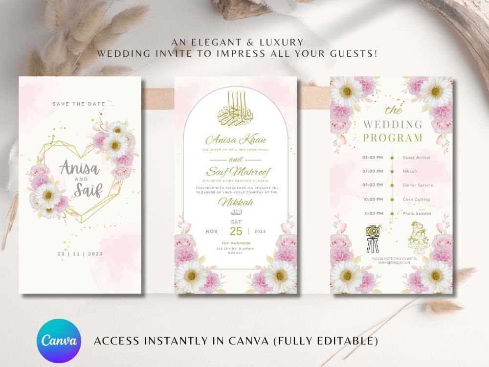 Editable Muslim Wedding Invitation Template, Nikkah Walimah Mehndi invite, Animated Wedding Invitation, Watercolor floral wedding invitation - image 3