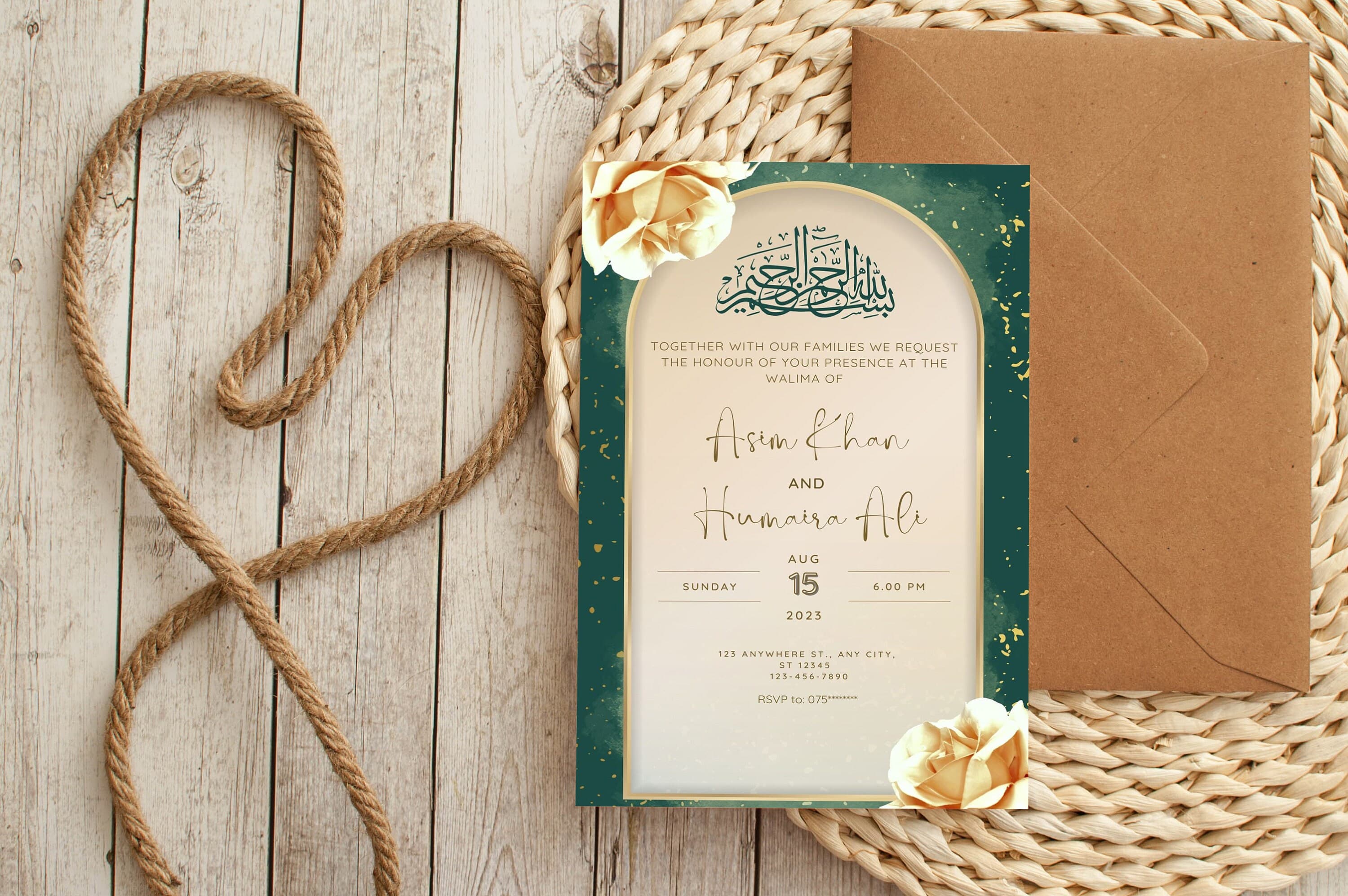 Digital Muslim Wedding Invitation Template, Nikkah Walimah Shaadi Baraat Emerald Green invite, Animated Wedding Invitation, Wedding Invite - image 3