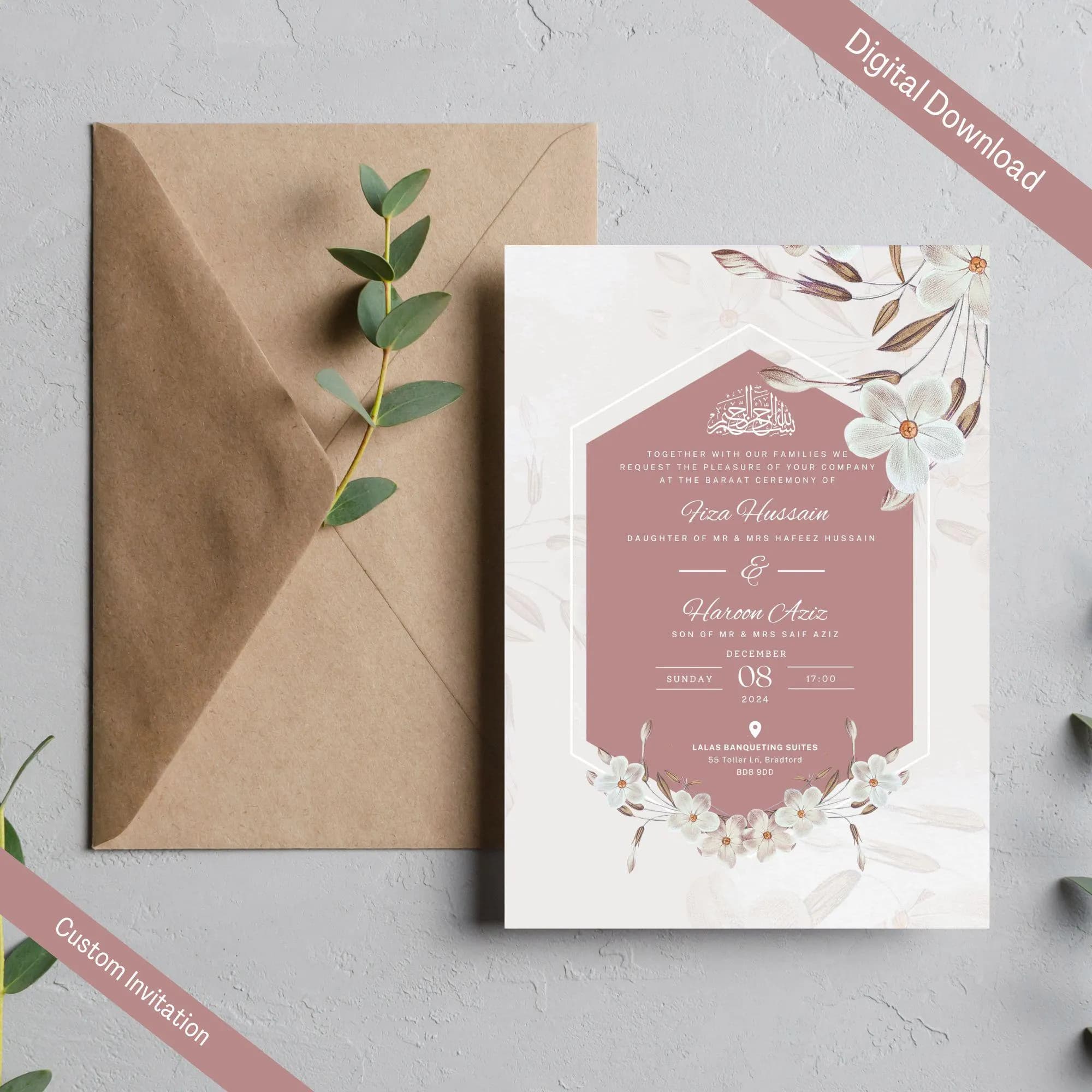 Digital Muslim Wedding Invitation Template, Pink Floral Nikah Invitation, Editable Muslim Desi Invitation, Animated Wedding invite, evite - image 4