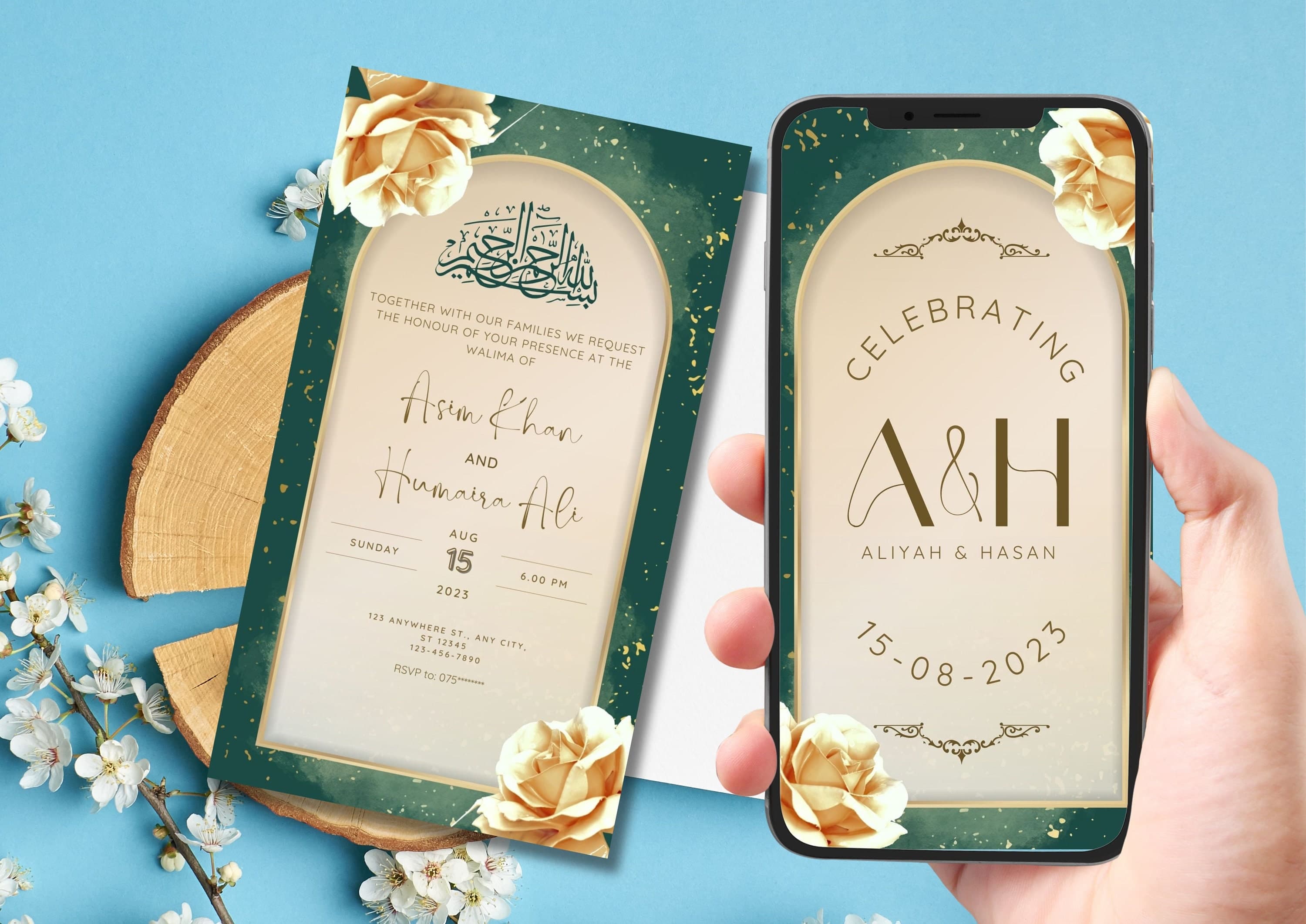 Digital Muslim Wedding Invitation Template, Nikkah Walimah Shaadi Baraat Emerald Green invite, Animated Wedding Invitation, Wedding Invite