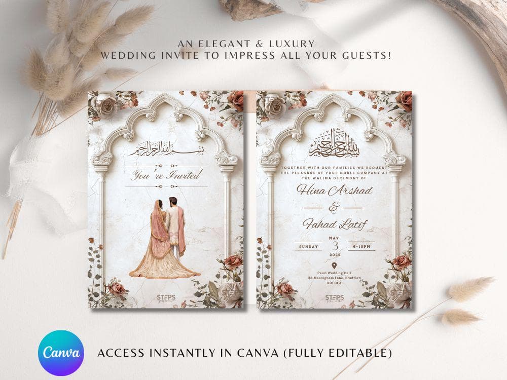 Editable Digital Muslim Wedding Invitation Template, Animated Wedding Invitation, Peach Nikkah Arch Wedding Invite, Neutral wedding invite