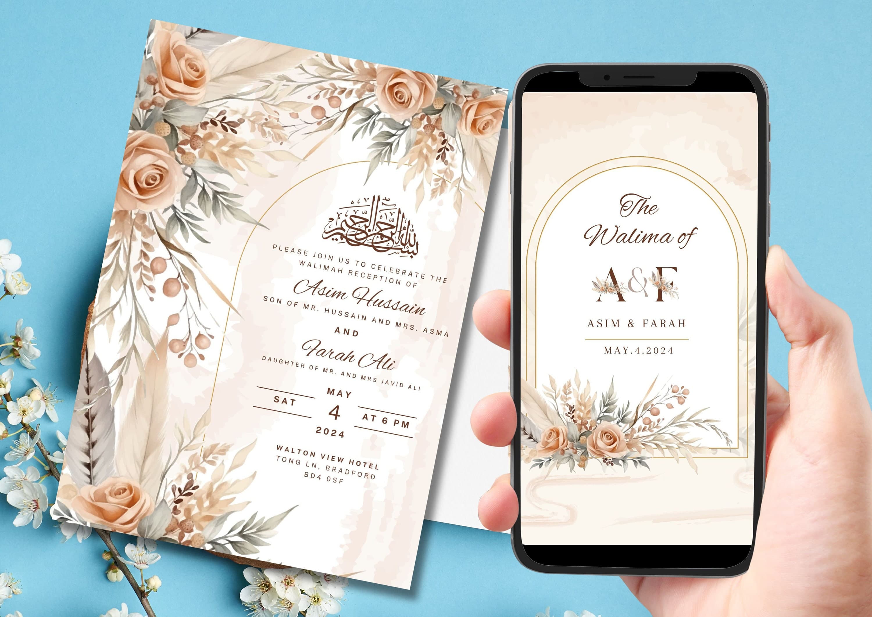 Digital Muslim Wedding Invitation Template, Beige Rose Floral Nikah Wedding Invitation, Editable Muslim Invitation, Animated Wedding invite