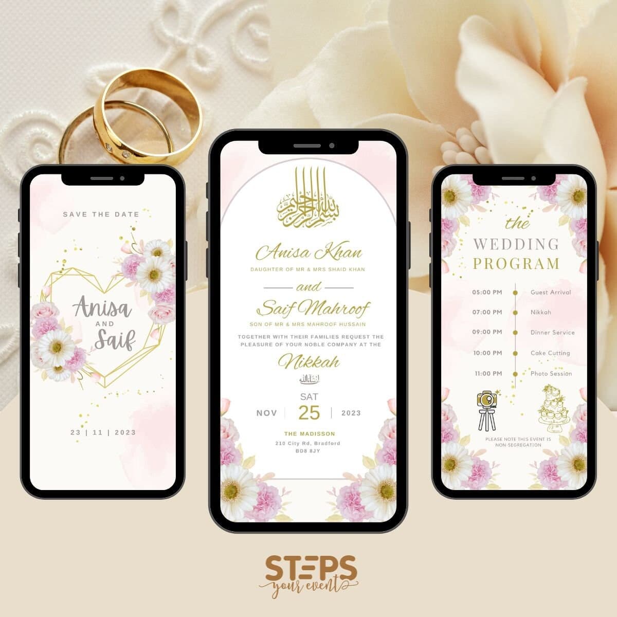 Editable Muslim Wedding Invitation Template, Nikkah Walimah Mehndi invite, Animated Wedding Invitation, Watercolor floral wedding invitation