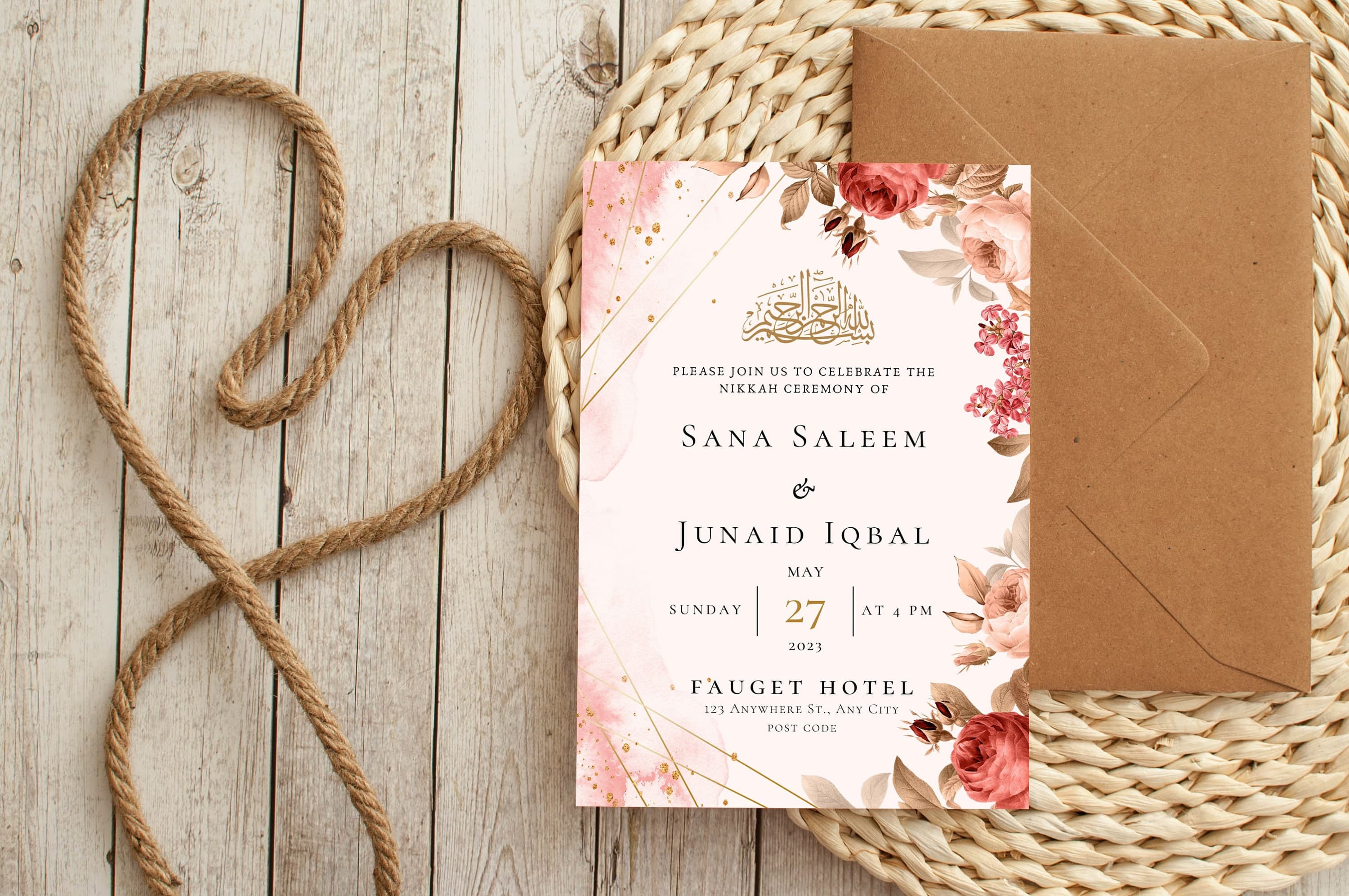 Digital Muslim Wedding Invitation Template, Pink Red Floral Nikah Invitation, Editable Muslim Desi Invitation, Animated Wedding invite, - image 4
