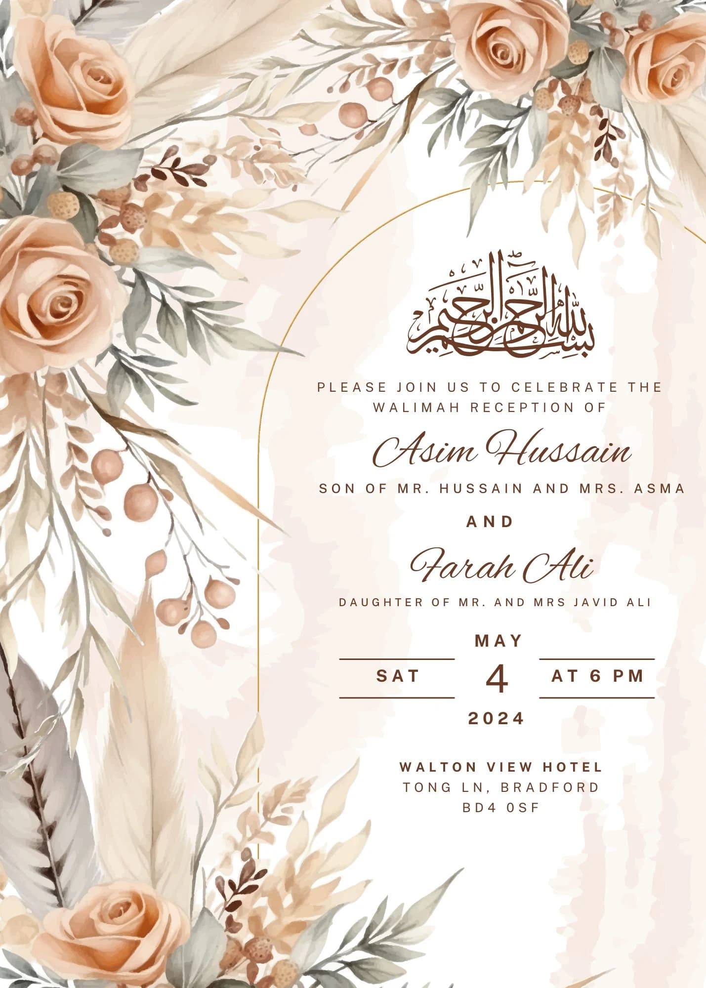 Digital Muslim Wedding Invitation Template, Beige Rose Floral Nikah Wedding Invitation, Editable Muslim Invitation, Animated Wedding invite - image 3