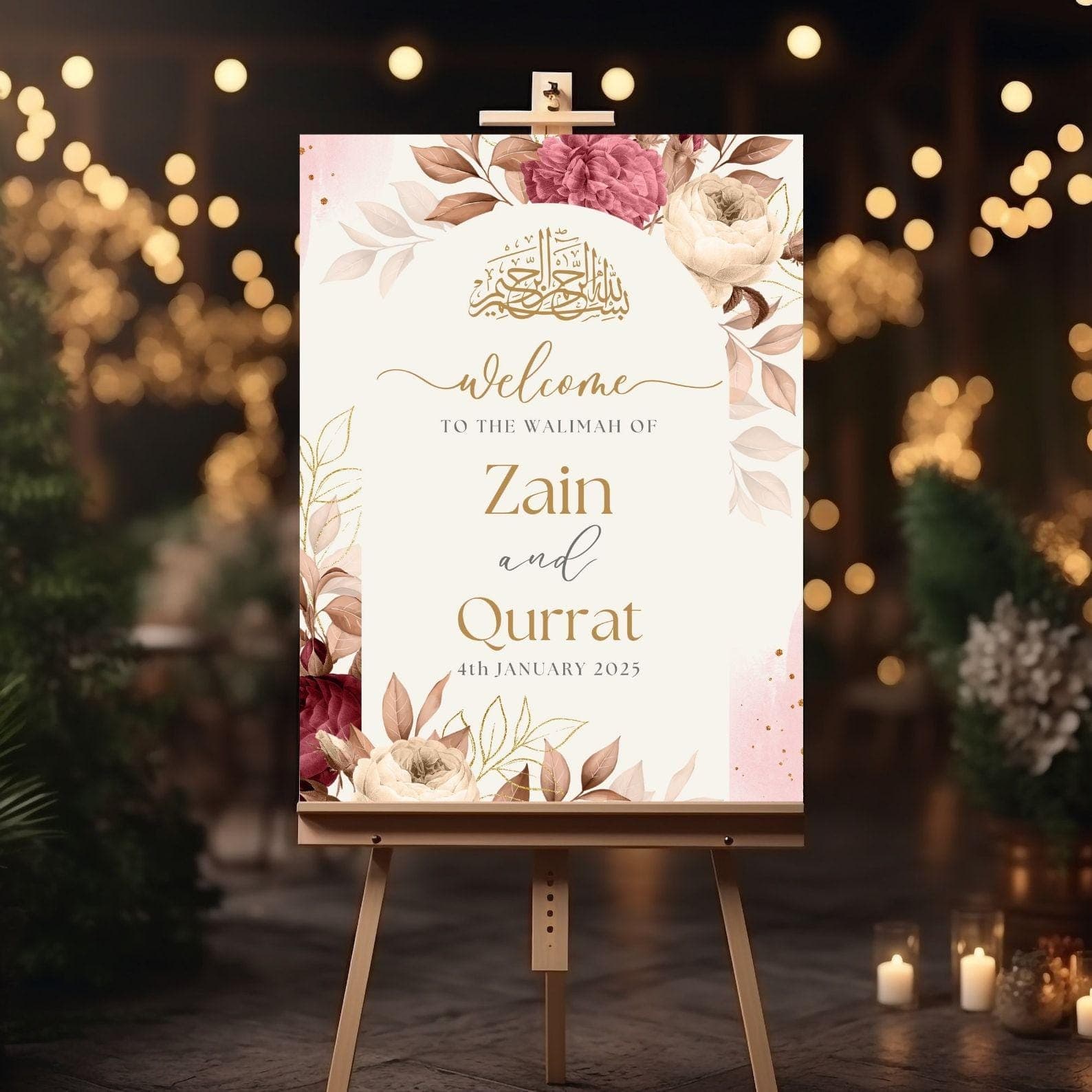 Floral Wedding Welcome Sign, A1, A2, A3, A4, Pakistani Wedding, Walima sign, Muslim Welcome Sign, Maroon flower Welcome Sign, Walimah