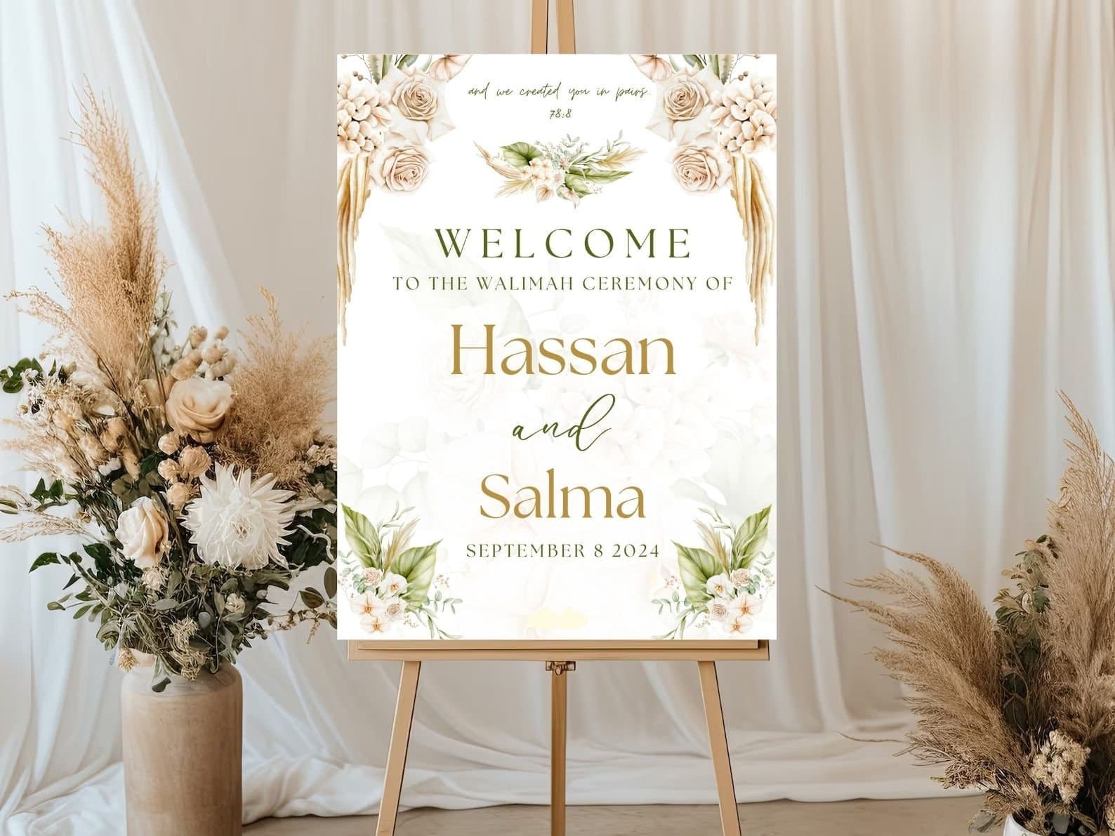 Green Floral Wedding Welcome Sign, A1, A2, A3, A4, Pakistani Wedding, Walima sign, Muslim Welcome Sign, Green flower Welcome Sign, Walimah