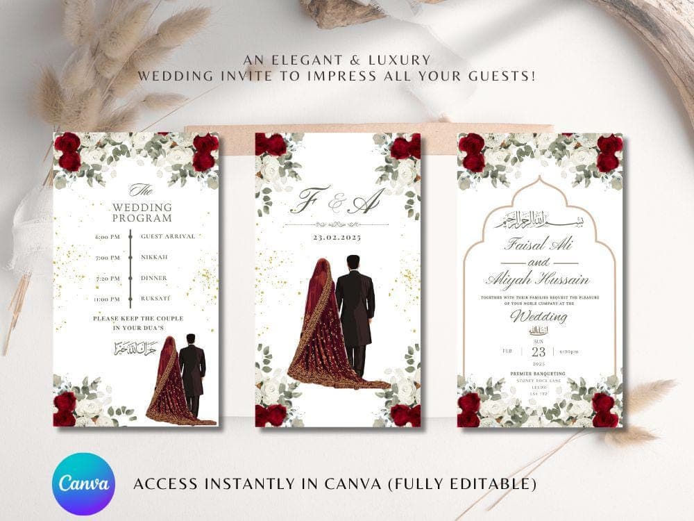 Editable Digital Muslim Wedding Invitation Template, Animated Wedding Invitation, Red and white Rosed  Wedding Invite, Nikkah Baraat invite - image 5