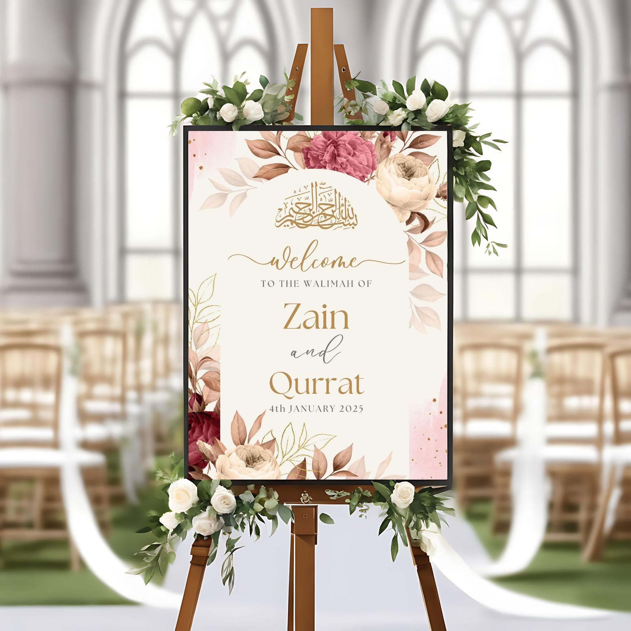 Floral Wedding Welcome Sign, A1, A2, A3, A4, Pakistani Wedding, Walima sign, Muslim Welcome Sign, Maroon flower Welcome Sign, Walimah - image 3