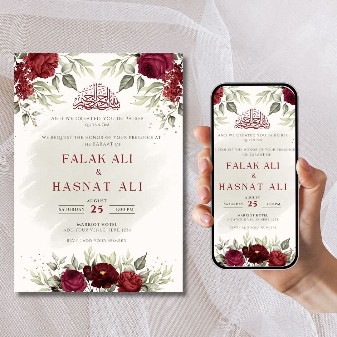 Muslim Wedding Invitation Editable Set of 3 invites, Traditional Nikkah Walimah Mehndi Baraat Invitation, Animated Islamic wedding invites - image 4
