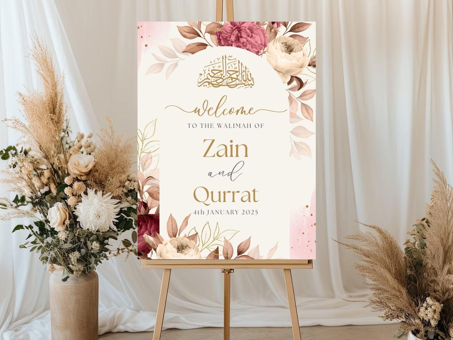 Floral Wedding Welcome Sign, A1, A2, A3, A4, Pakistani Wedding, Walima sign, Muslim Welcome Sign, Maroon flower Welcome Sign, Walimah - image 4