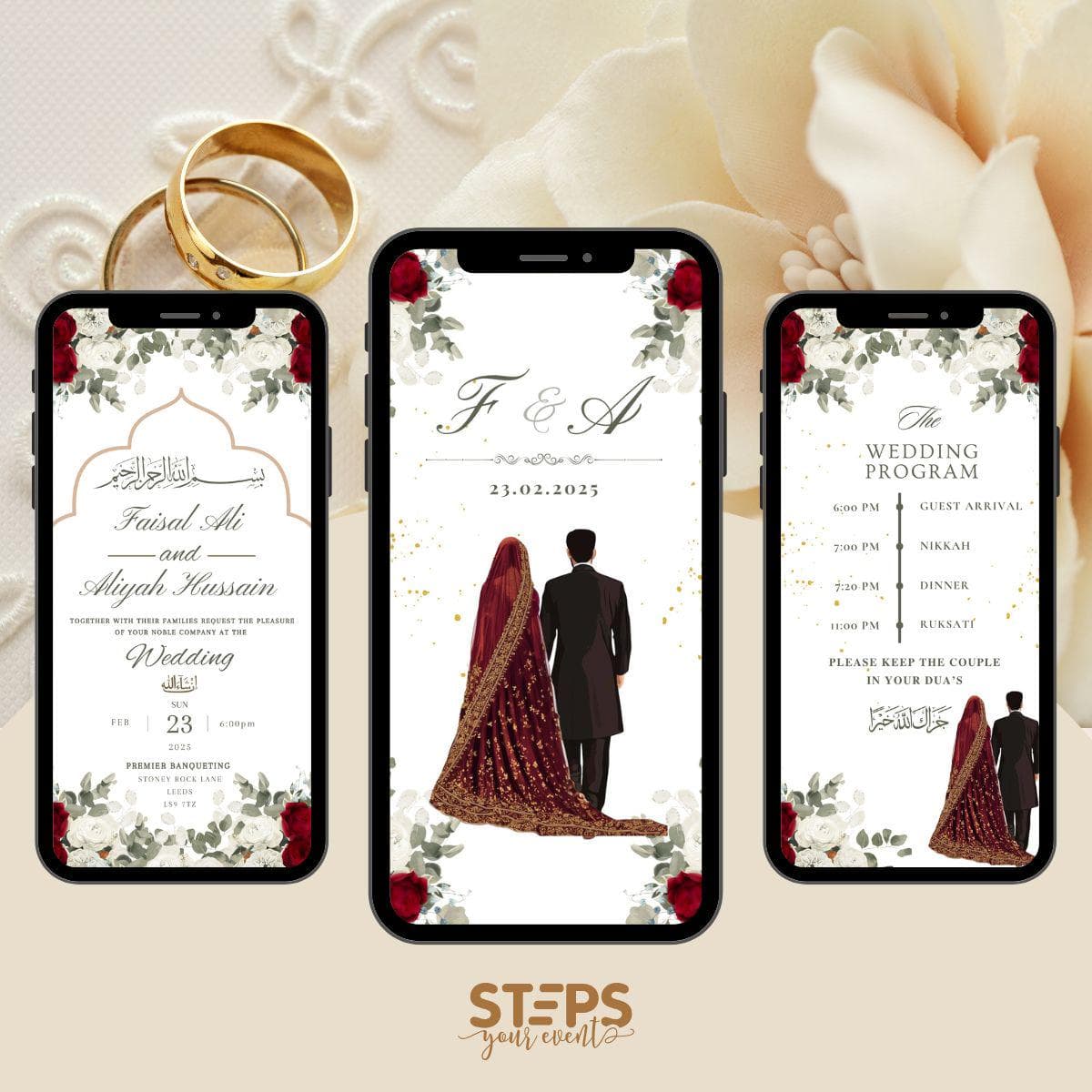 Editable Digital Muslim Wedding Invitation Template, Animated Wedding Invitation, Red and white Rosed  Wedding Invite, Nikkah Baraat invite