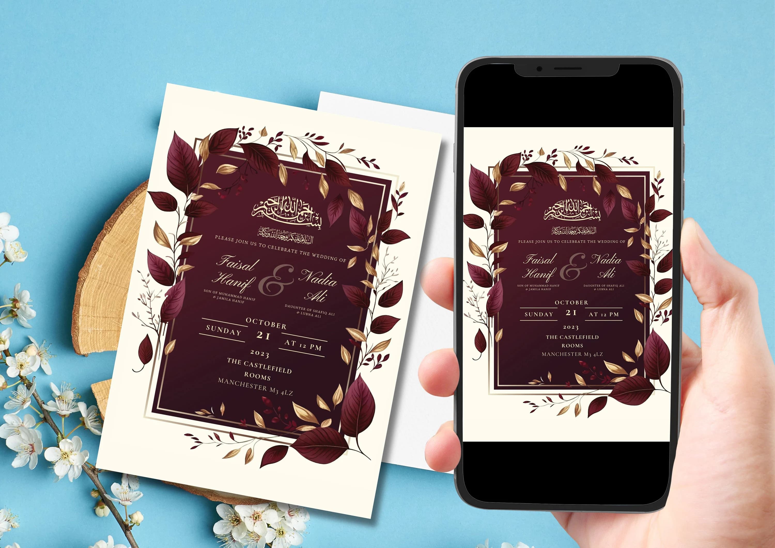 Editable Digital Muslim Wedding Invitation Template Nikkah Shaadi Baraat, Animated Wedding Invitation, Maroon islamic Wedding Invite, evite