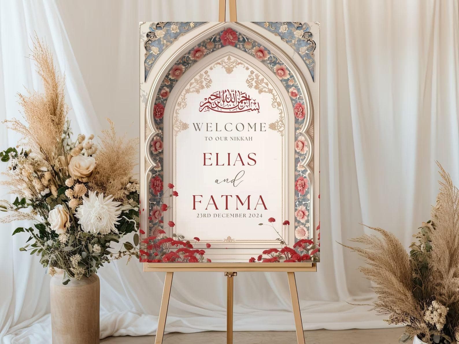 Mughal Arch Wedding Welcome Sign, A1, A2, A3, A4, Pakistani Wedding, Baraat Nikkah sign, Muslim Welcome Sign, Red flower Welcome Sign - image 5