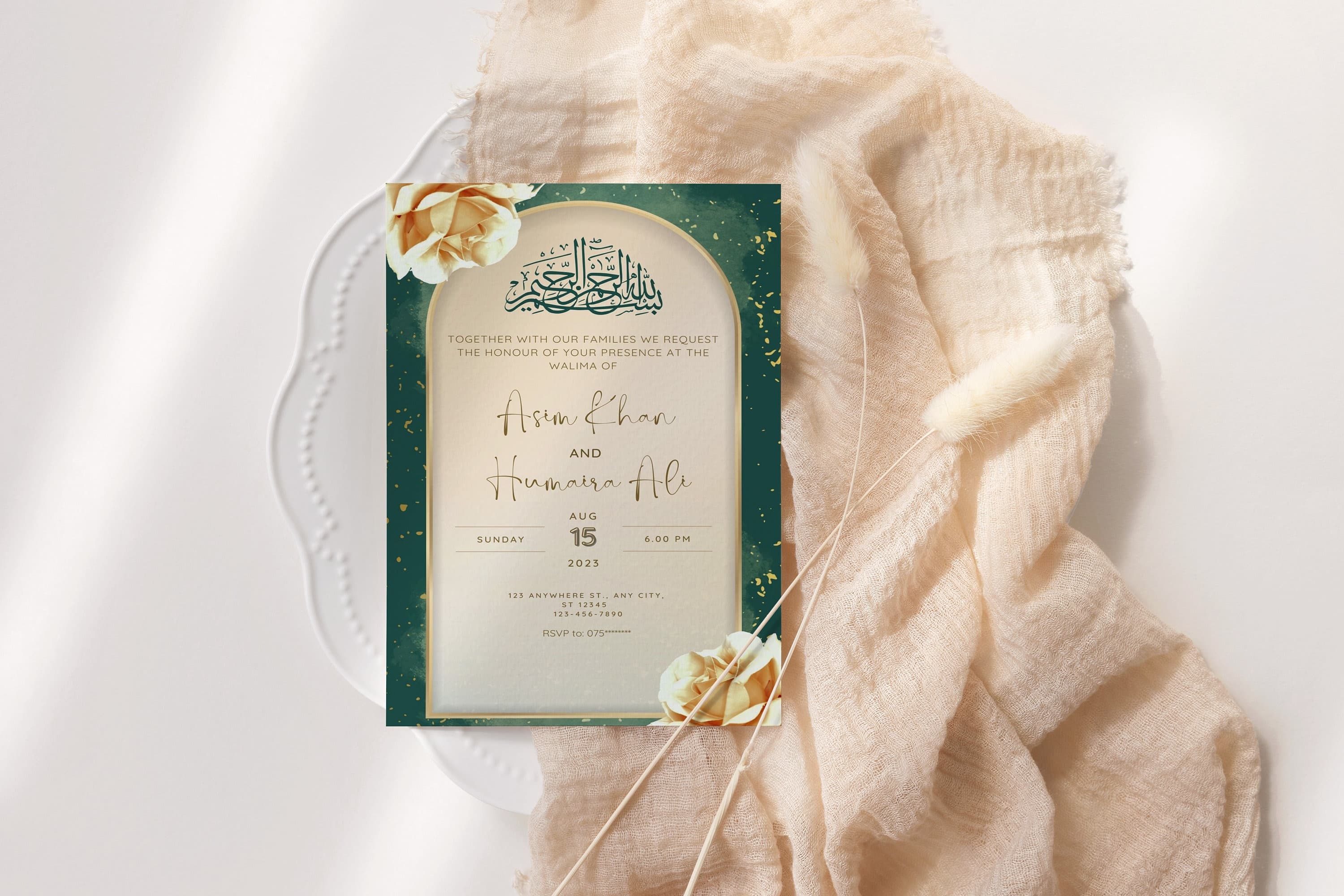 Digital Muslim Wedding Invitation Template, Nikkah Walimah Shaadi Baraat Emerald Green invite, Animated Wedding Invitation, Wedding Invite - image 5